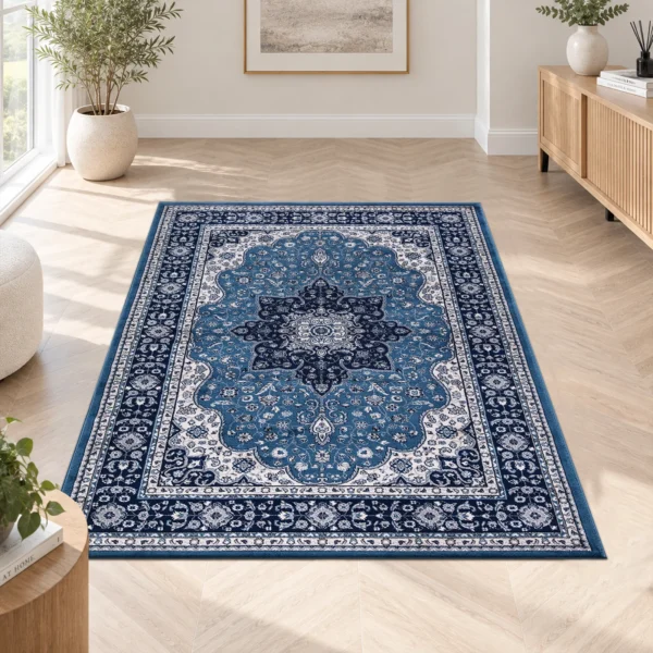 Rome Traditional Floral Rug Blue 120 x 170 cm Rome Blue traditional floral rug 120 x 170 cm, medium pile with jute backing, in a living room