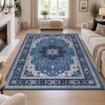 Rome Blue traditional floral rug 160 x 230 cm, medium pile with jute backing, in a living room