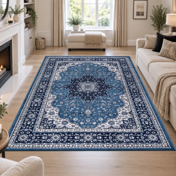 Rome Traditional Floral Rug Blue 160 x 230 cm Rome Blue traditional floral rug 160 x 230 cm, medium pile with jute backing, in a living room