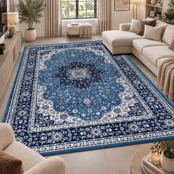 Rome Blue traditional floral rug 200 x 290 cm, medium pile with jute backing, in a living room