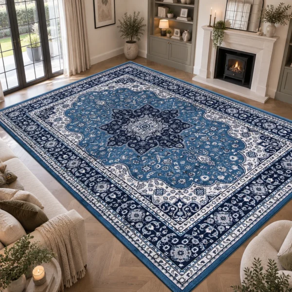 Rome Traditional Floral Rug Blue 240 x 320 cm Rome Blue traditional floral rug 240 x 320 cm, medium pile with jute backing, in a living room