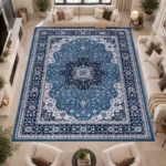Rome Blue traditional floral rug 280 x 380 cm, medium pile with jute backing, in a living room