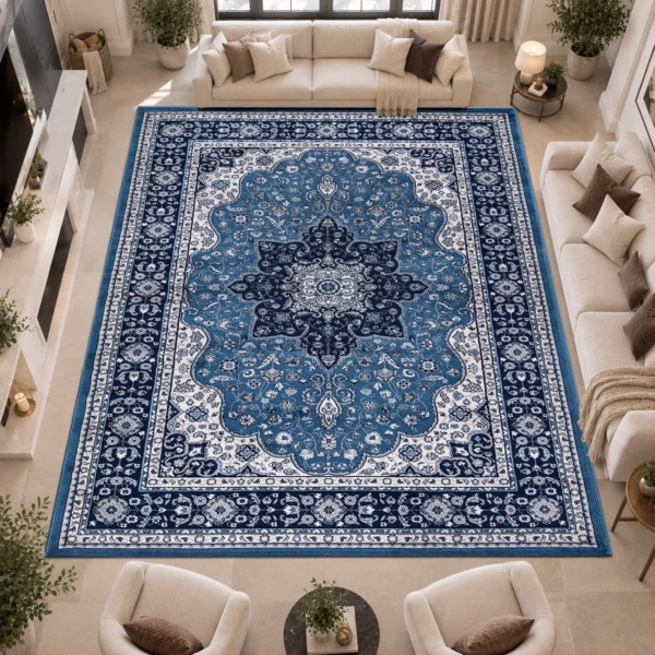Rome Blue traditional floral rug 280 x 380 cm, medium pile with jute backing, in a living room