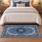 Rome Blue traditional floral rug 80 x 150 cm, medium pile with jute backing, in a living room