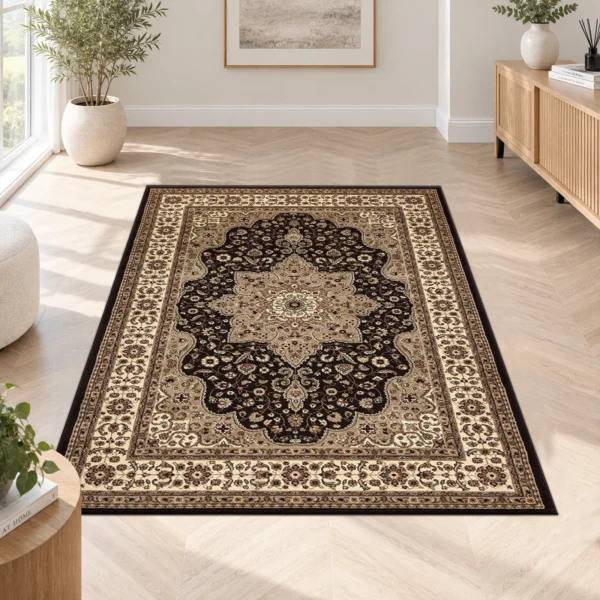Rome Traditional Floral Rug Brown 120 x 170 cm Rome Brown traditional floral rug 120 x 170 cm, medium pile with jute backing, in a living room