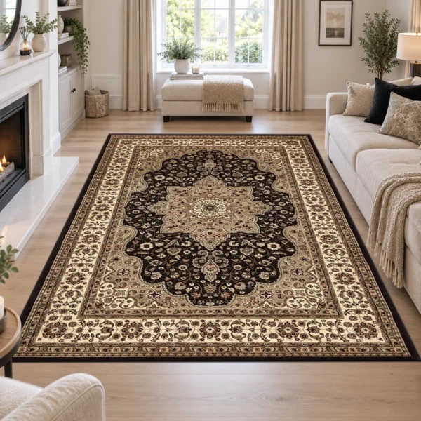 Rome Traditional Floral Rug Brown 160 x 230 cm Rome Brown traditional floral rug 160 x 230 cm, medium pile with jute backing, in a living room