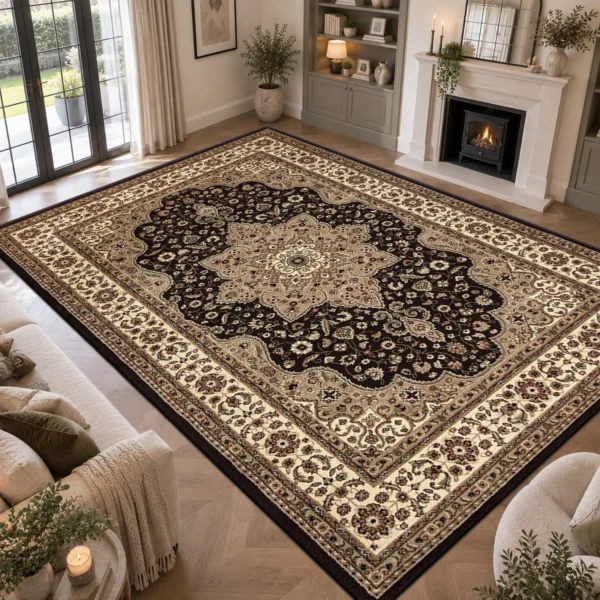 Rome Brown traditional floral rug 240 x 320 cm, medium pile with jute backing, in a living room