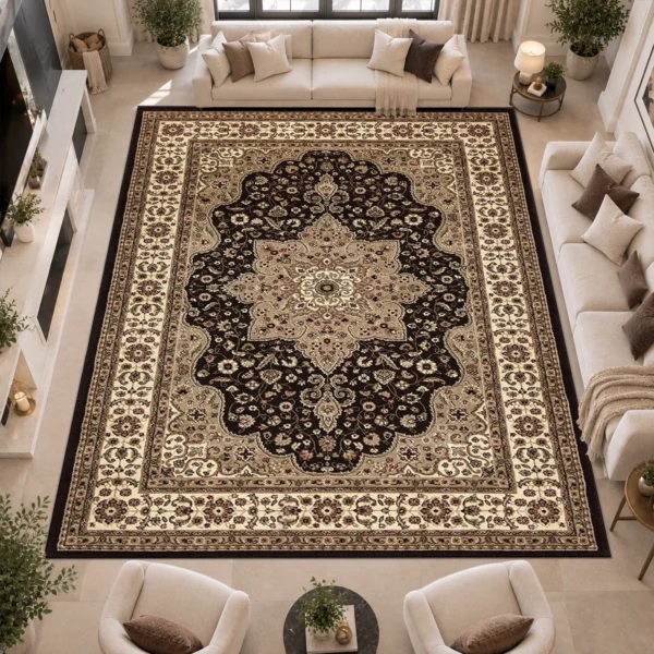 Rome Traditional Floral Rug Brown 280 x 380 cm Rome Brown traditional floral rug 280 x 380 cm, medium pile with jute backing, in a living room