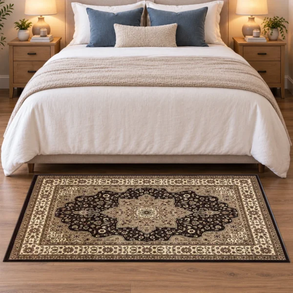Rome Brown traditional floral rug 80 x 150 cm, medium pile with jute backing, in a living room
