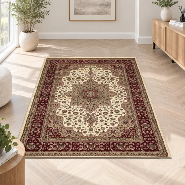 Rome Cream traditional floral rug 120 x 170 cm, medium pile with jute backing, in a living room