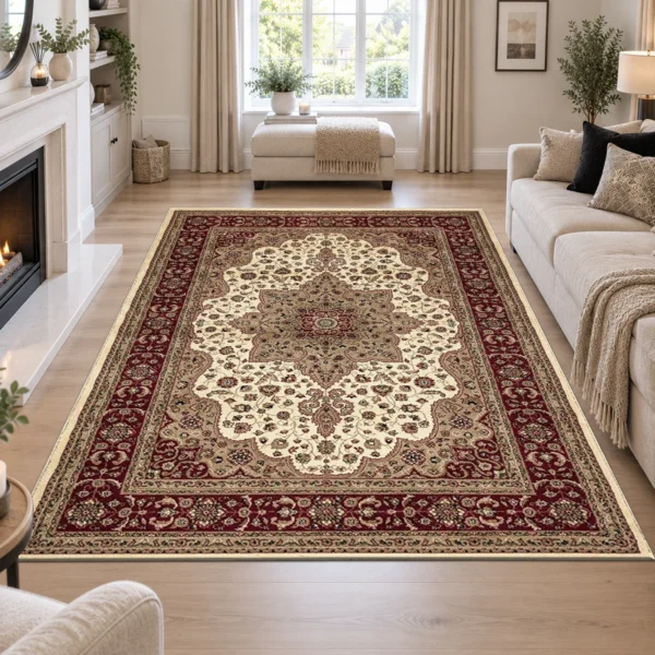 Rome Cream traditional floral rug 160 x 230 cm, medium pile with jute backing, in a living room