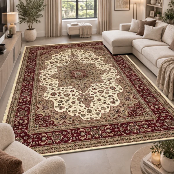 Rome Cream traditional floral rug 200 x 290 cm, medium pile with jute backing, in a living room