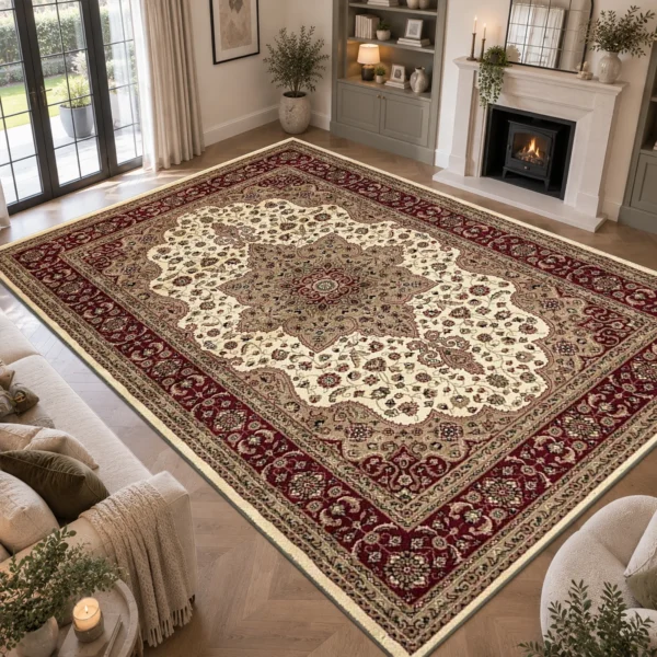 Rome Traditional Floral Rug Cream 240 x 320 cm Rome Cream traditional floral rug 240 x 320 cm, medium pile with jute backing, in a living room