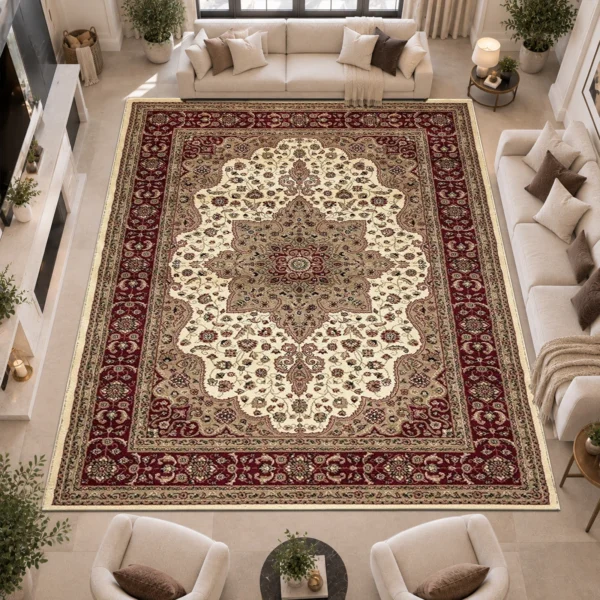 Rome Cream traditional floral rug 280 x 380 cm, medium pile with jute backing, in a living room