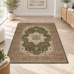 Rome Green traditional floral rug 120 x 170 cm, medium pile with jute backing, in a living room