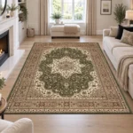 Rome Green traditional floral rug 160 x 230 cm, medium pile with jute backing, in a living room