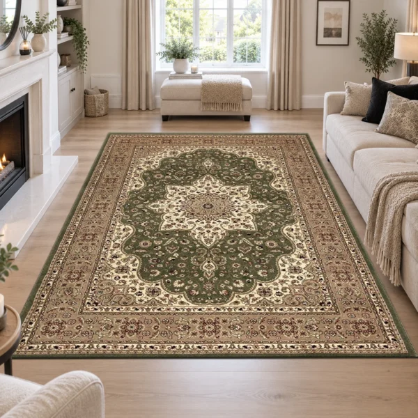 Rome Green traditional floral rug 160 x 230 cm, medium pile with jute backing, in a living room