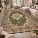 Rome Green traditional floral rug 200 x 290 cm, medium pile with jute backing, in a living room