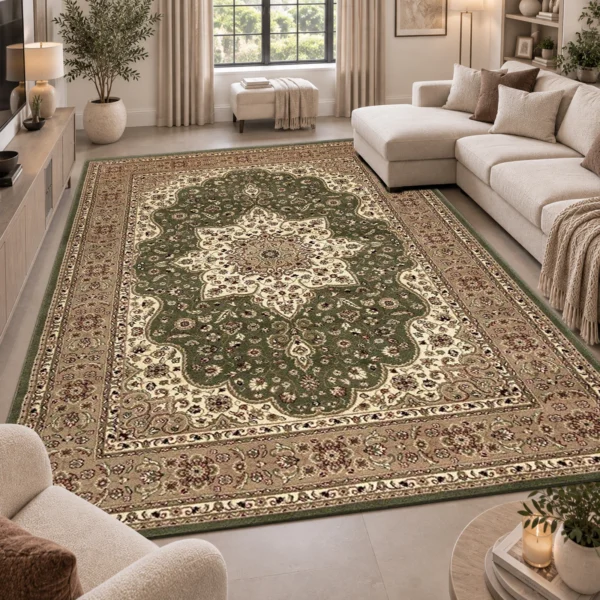 Rome Green traditional floral rug 200 x 290 cm, medium pile with jute backing, in a living room