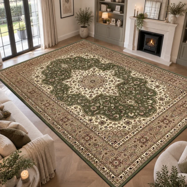 Rome Traditional Floral Rug Green 240 x 320 cm Rome Green traditional floral rug 240 x 320 cm, medium pile with jute backing, in a living room