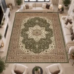 Rome Green traditional floral rug 280 x 380 cm, medium pile with jute backing, in a living room