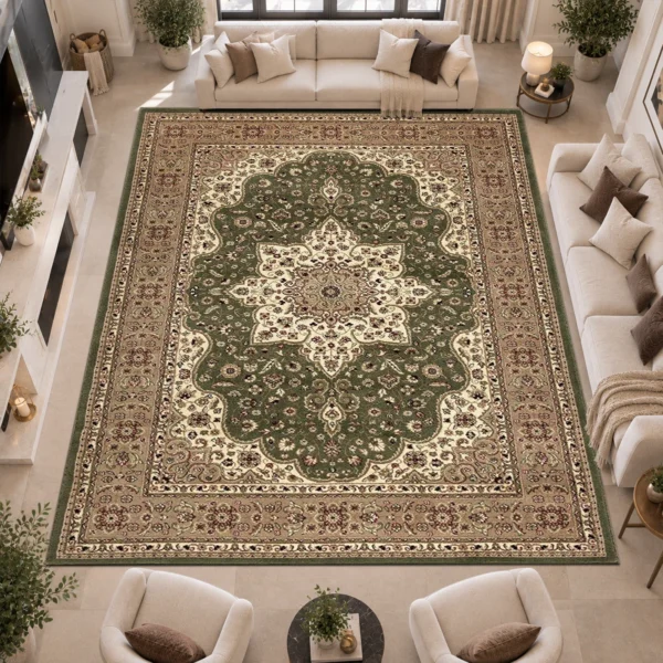 Rome Traditional Floral Rug Green 280 x 380 cm Rome Green traditional floral rug 280 x 380 cm, medium pile with jute backing, in a living room