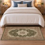 Rome Green traditional floral rug 80 x 150 cm, medium pile with jute backing, in a living room