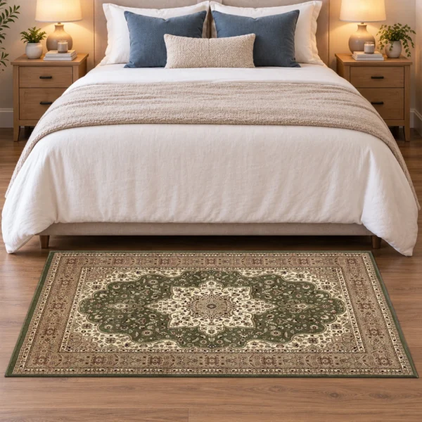 Rome Green traditional floral rug 80 x 150 cm, medium pile with jute backing, in a living room