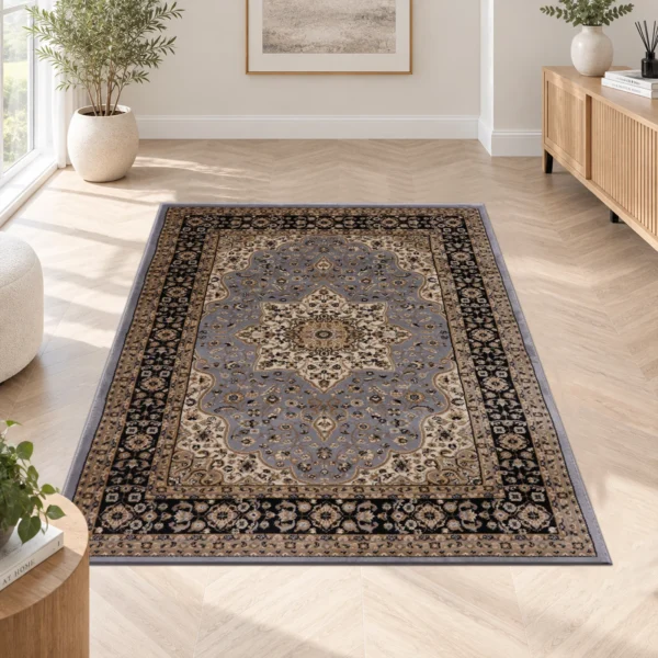 Rome Traditional Floral Rug Grey 120 x 170 cm Rome Grey traditional floral rug 120 x 170 cm, medium pile with jute backing, in a living room