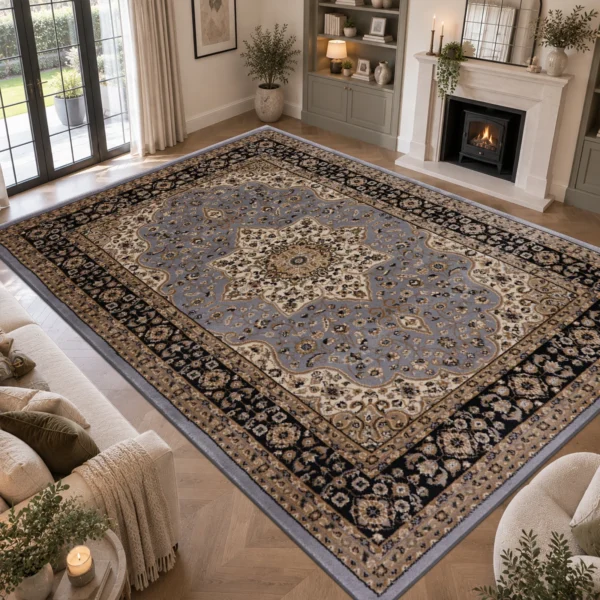 Rome Grey traditional floral rug 240 x 320 cm, medium pile with jute backing, in a living room