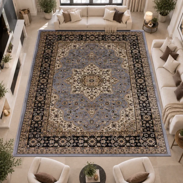 Rome Grey traditional floral rug 280 x 380 cm, medium pile with jute backing, in a living room