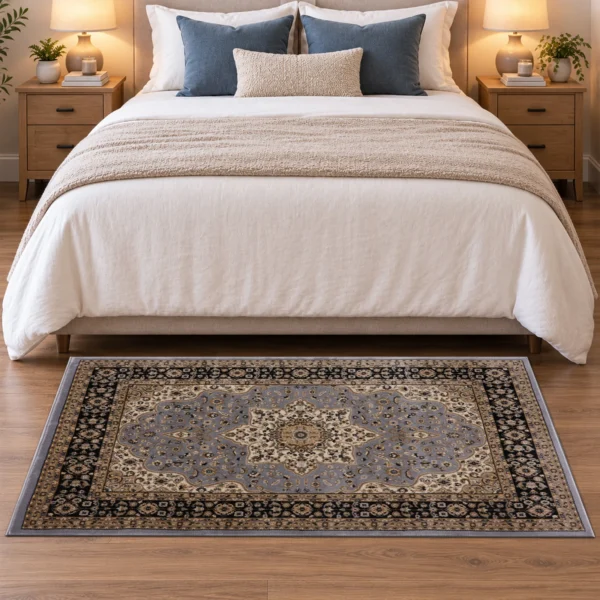 Rome Traditional Floral Rug Grey 80 x 150 cm Rome Grey traditional floral rug 80 x 150 cm, medium pile with jute backing, in a living room