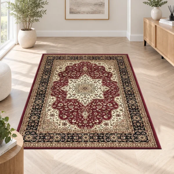 Rome Traditional Floral Rug Red 120 x 170 cm Rome Red traditional floral rug 120 x 170 cm, medium pile with jute backing, in a living room