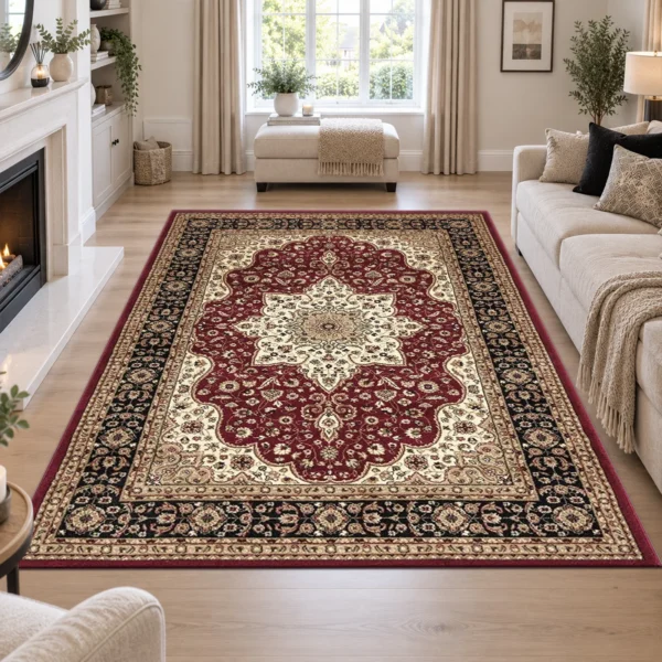 Rome Red traditional floral rug 160 x 230 cm, medium pile with jute backing, in a living room