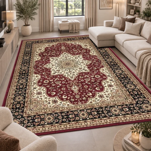 Rome Red traditional floral rug 200 x 290 cm, medium pile with jute backing, in a living room