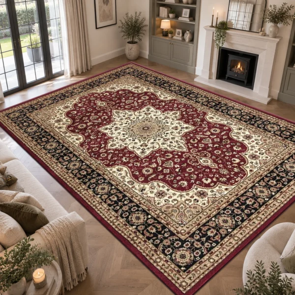 Rome Traditional Floral Rug Red 240 x 320 cm Rome Red traditional floral rug 240 x 320 cm, medium pile with jute backing, in a living room