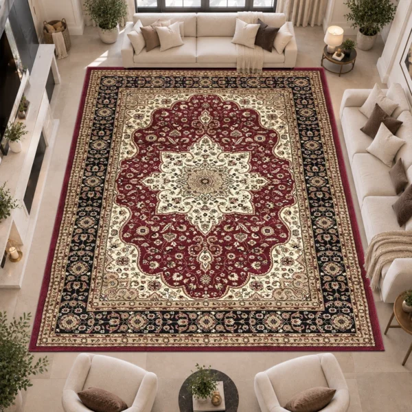 Rome Traditional Floral Rug Red 280 x 380 cm Rome Red traditional floral rug 280 x 380 cm, medium pile with jute backing, in a living room