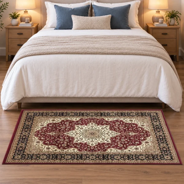 Rome Red traditional floral rug 80 x 150 cm, medium pile with jute backing, in a living room